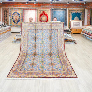 Gold and Blue Floral Medallion Hand-Knotted Silk Rug 6.56x9.84ft