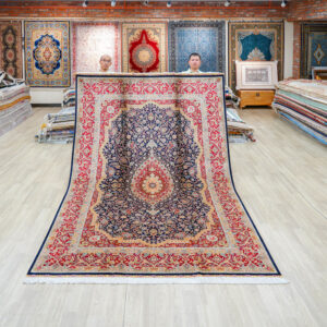 Black and Red Floral Medallion Hand-Knotted Silk Rug 6.56x9.84ft