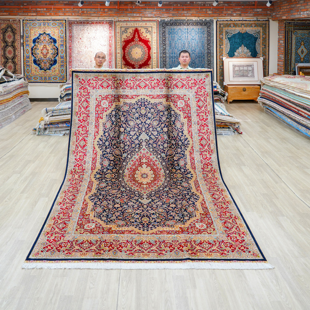 Black and Red Floral Medallion Hand-Knotted Silk Rug 6.56x9.84ft