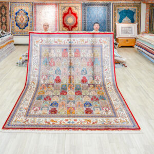 Multicolor Floral Panel Hand-Knotted Silk Rug 8x10ft