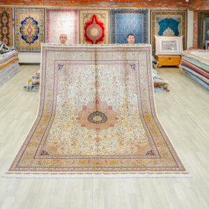 Ivory and Multicolor Floral Medallion Hand-Knotted Silk Rug 8x10ft