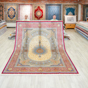 Red and Gold Floral Medallion Hand-Knotted Silk Rug 8x10ft