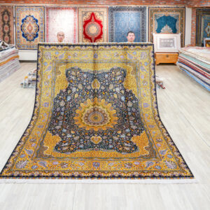 Navy and Gold Floral Medallion Hand-Knotted Silk Rug 8x10ft
