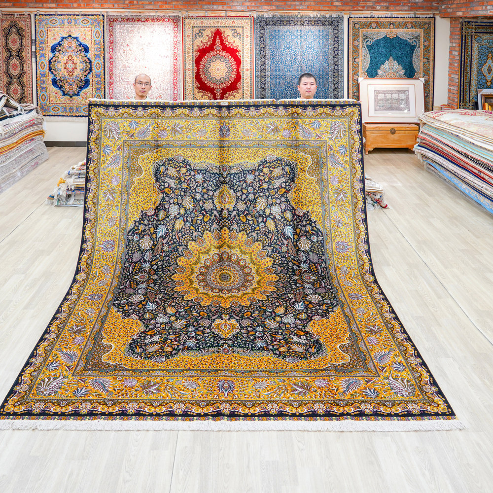 Navy and Gold Floral Medallion Hand-Knotted Silk Rug 8x10ft