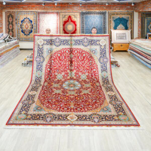 Red and Ivory Floral Medallion Hand-Knotted Silk Rug 8.2x11.48ft