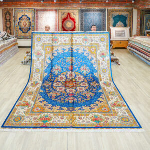Blue and Orange Floral Medallion Hand-Knotted Silk Rug 8.2x11.48ft