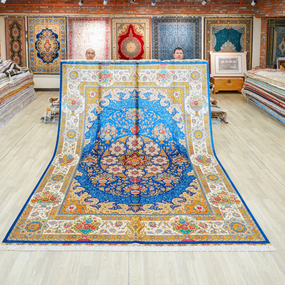 Blue and Orange Floral Medallion Hand-Knotted Silk Rug 8.2x11.48ft