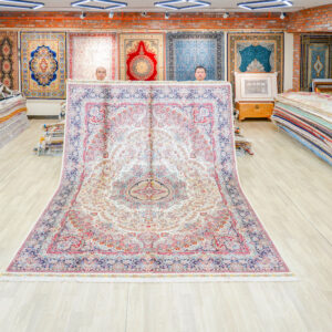 Ivory and Pink Floral Medallion Hand-Knotted Silk Rug 8.2x11.48ft