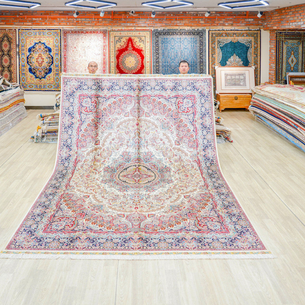 Ivory and Pink Floral Medallion Hand-Knotted Silk Rug 8.2x11.48ft