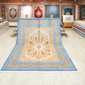 Blue and Gold Geometric Medallion Hand-Knotted Silk Rug 8.2x11.48ft