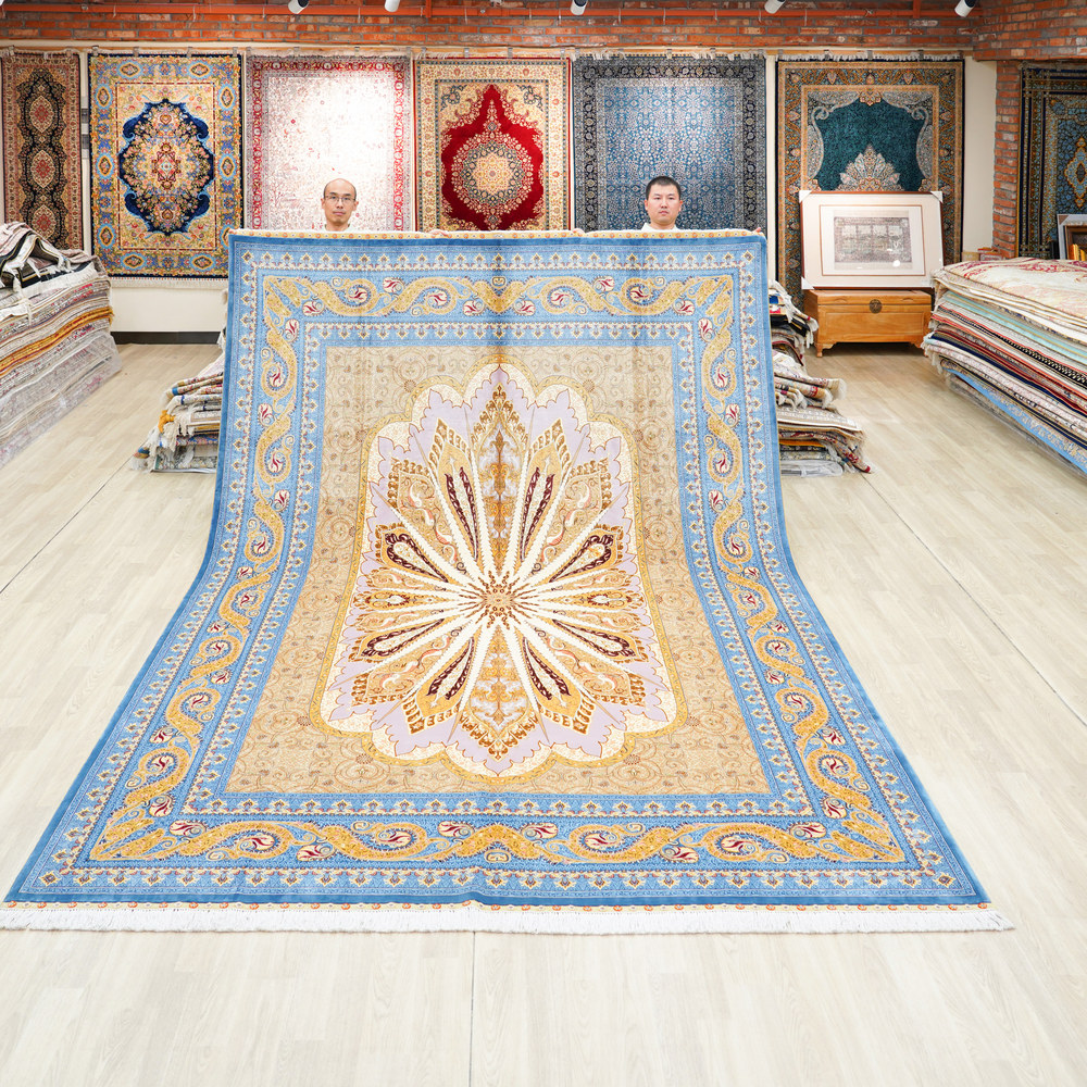 Blue and Gold Geometric Medallion Hand-Knotted Silk Rug 8.2x11.48ft