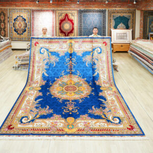 Blue and Gold Floral Medallion Hand-Knotted Silk Rug 9x12ft