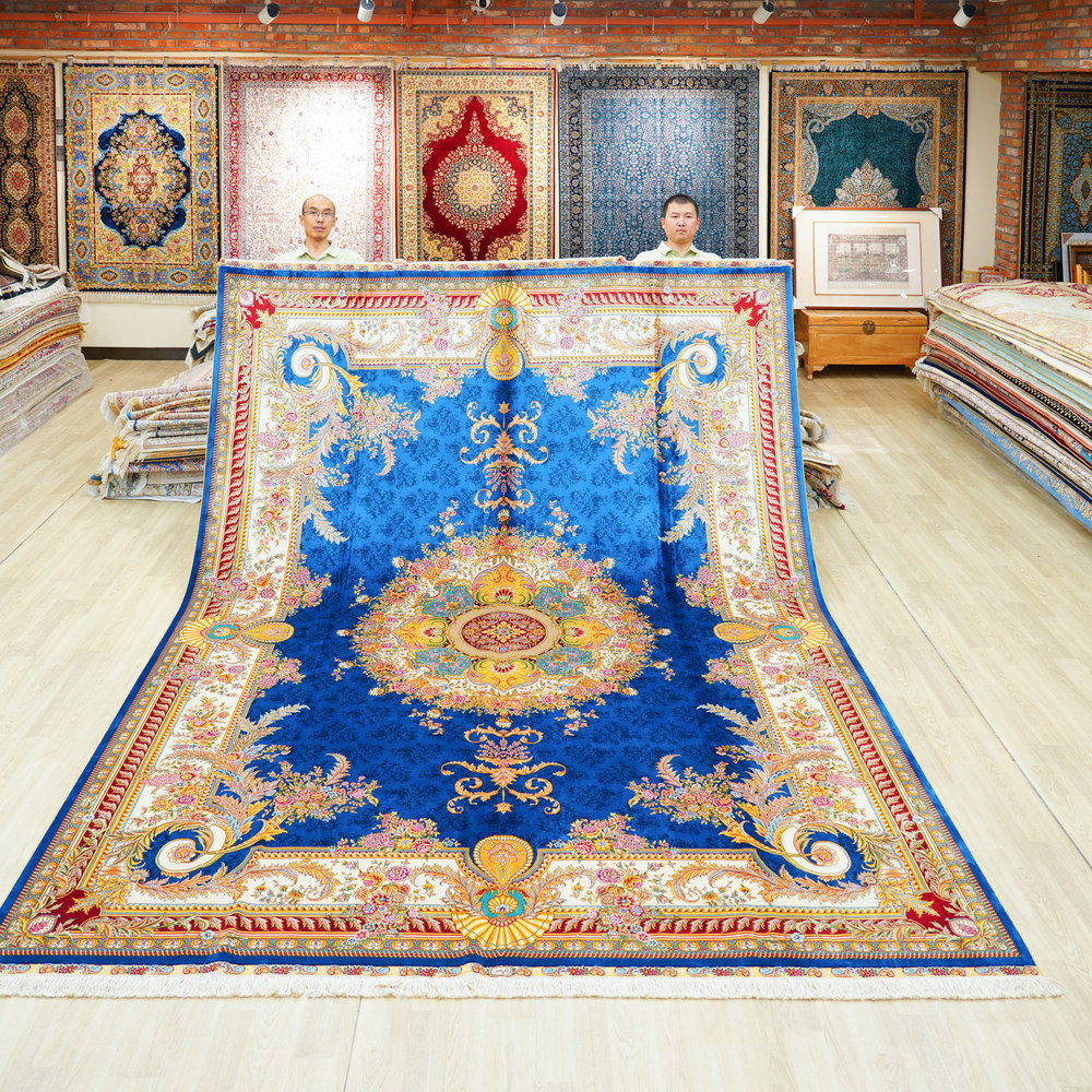 Blue and Gold Floral Medallion Hand-Knotted Silk Rug 9x12ft