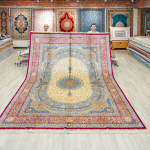 Red and Blue and Multicolor Floral Hand-Knotted Silk Rug 9x12ft
