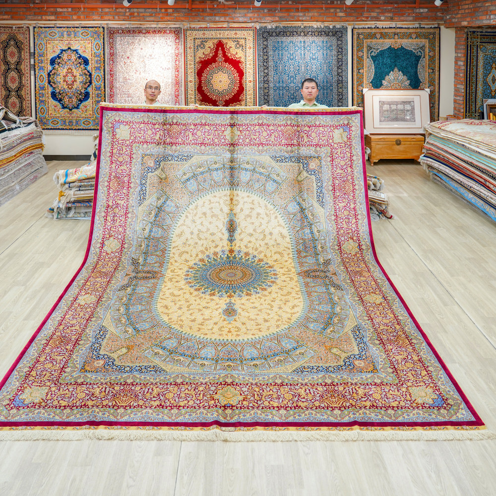 Red and Blue and Multicolor Floral Hand-Knotted Silk Rug 9x12ft