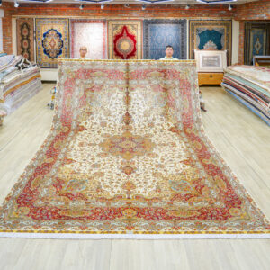 Ivory and Red Floral Medallion Hand-Knotted Silk Rug 10x14ft