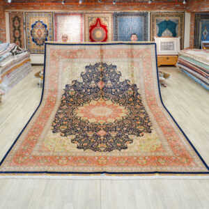 Navy and Peach Floral Medallion Hand-Knotted Silk Rug 10x14ft