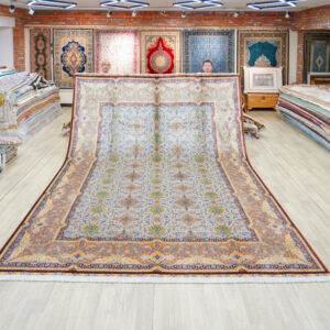 Light Blue and Gold Floral Hand-Knotted Silk Rug 10x14ft