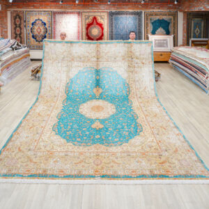 Turquoise and Orange Floral Medallion Hand-Knotted Silk Rug 10x14ft