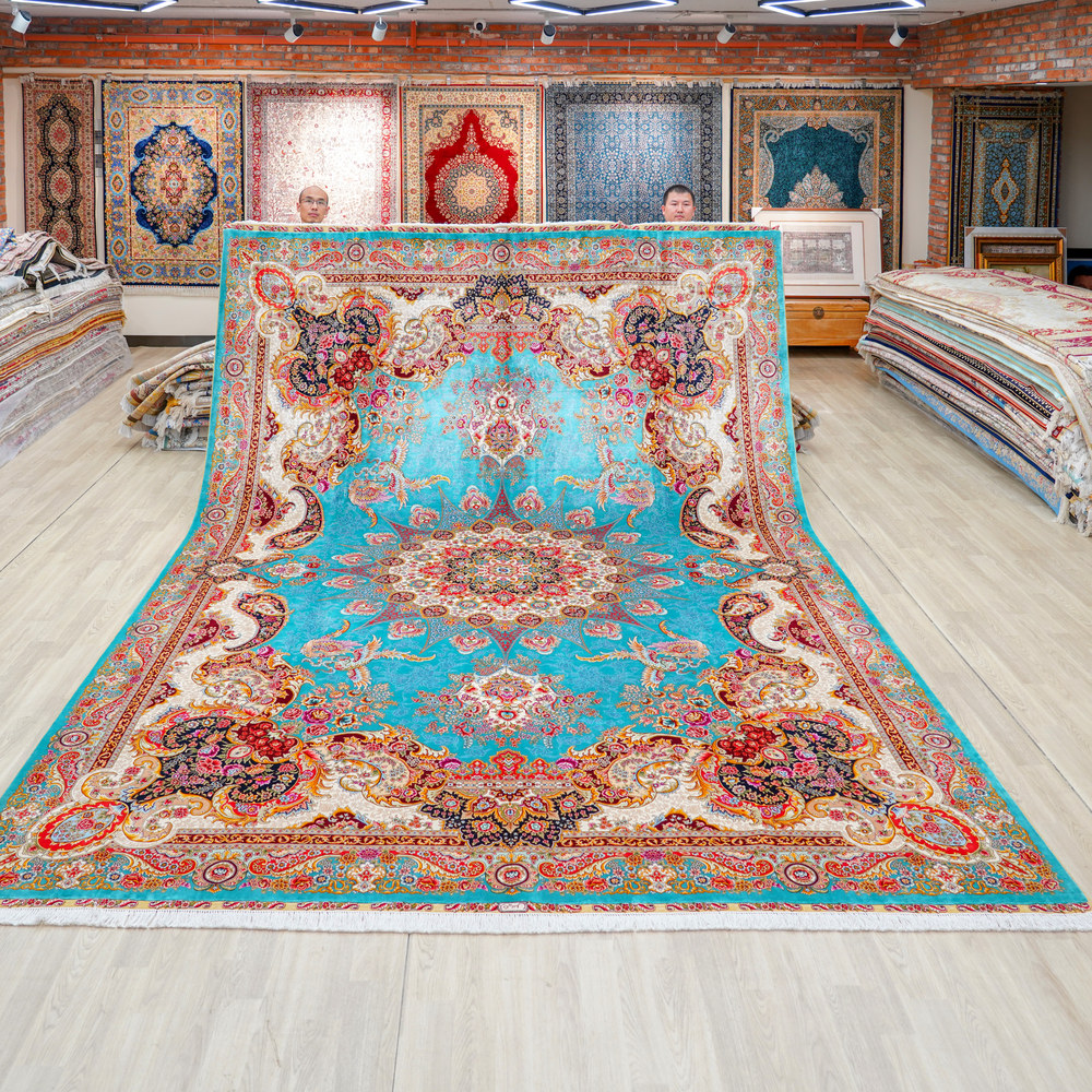 Turquoise and Red Floral Medallion Hand-Knotted Silk Rug 10x14ft