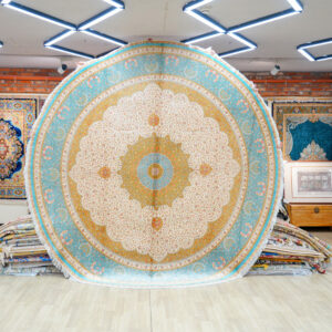 Turquoise and Gold Round Medallion Hand-Knotted Silk Rug 10x10ft