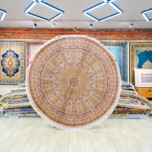 Ivory and Pink Round Floral Hand-Knotted Silk Rug 6x6ft
