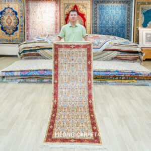 Ivory Red Tree of Life Hand-Knotted Silk Runner Rug 2.25 × 6.56 ft
