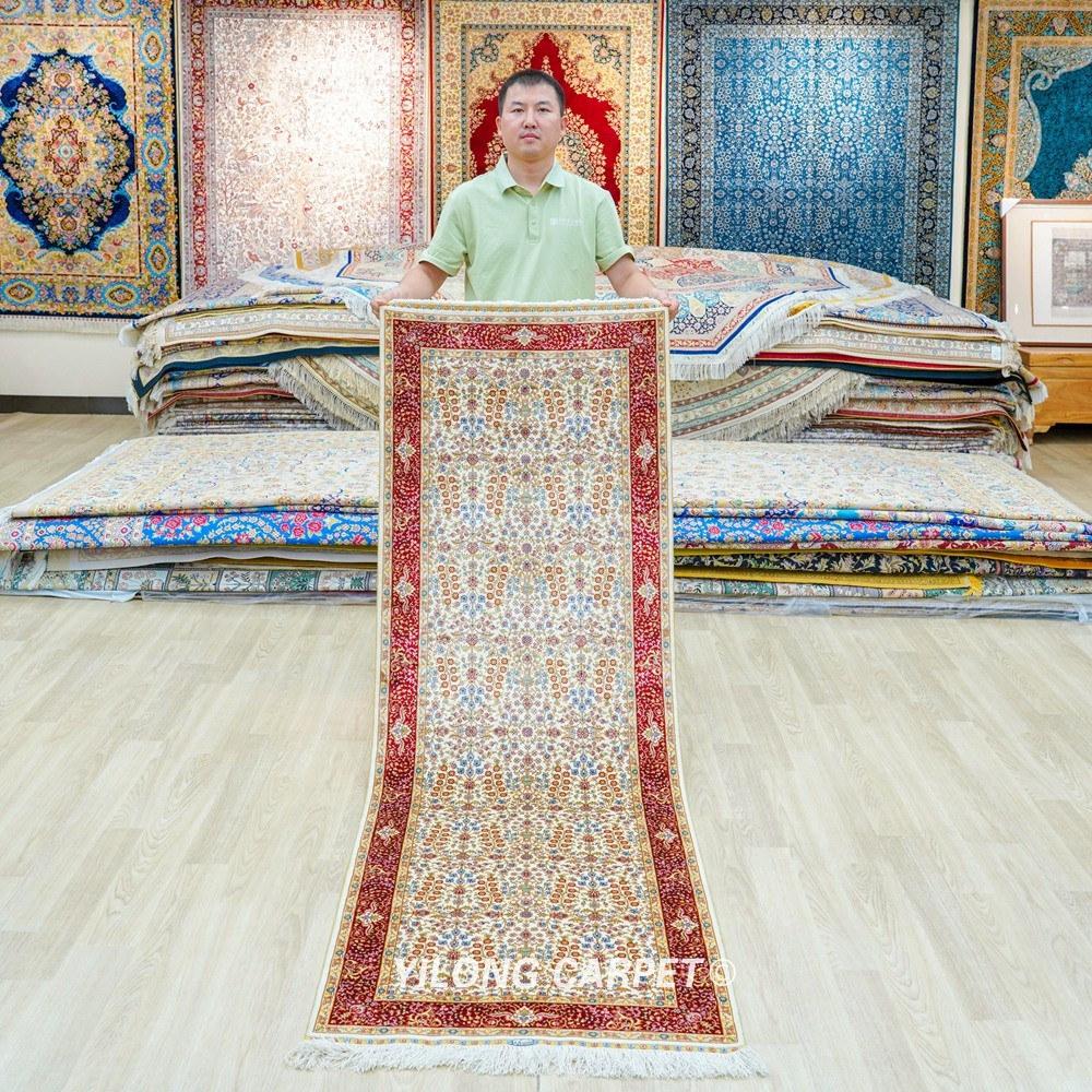 Ivory Red Tree of Life Hand-Knotted Silk Runner Rug 2.25 × 6.56 ft