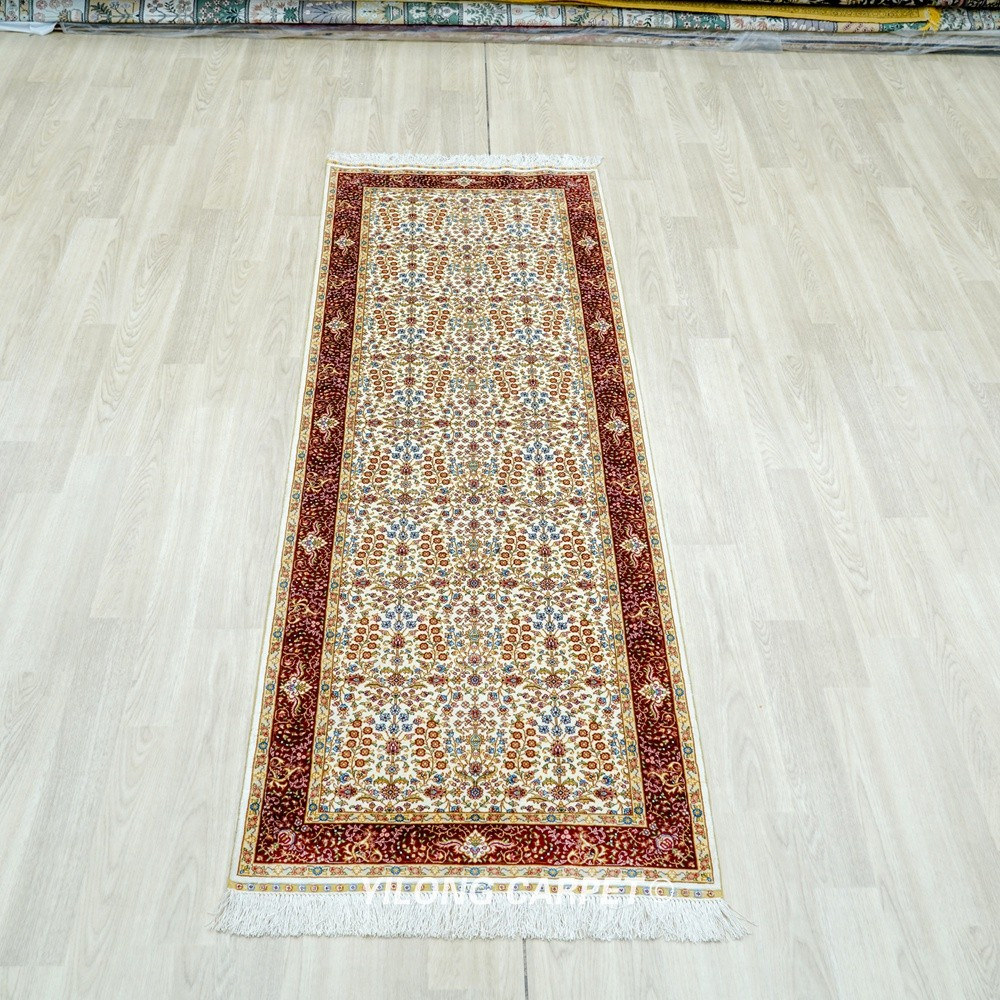 Ivory Red Tree of Life Hand-Knotted Silk Runner Rug 2.25 × 6.56 ft - Image 3