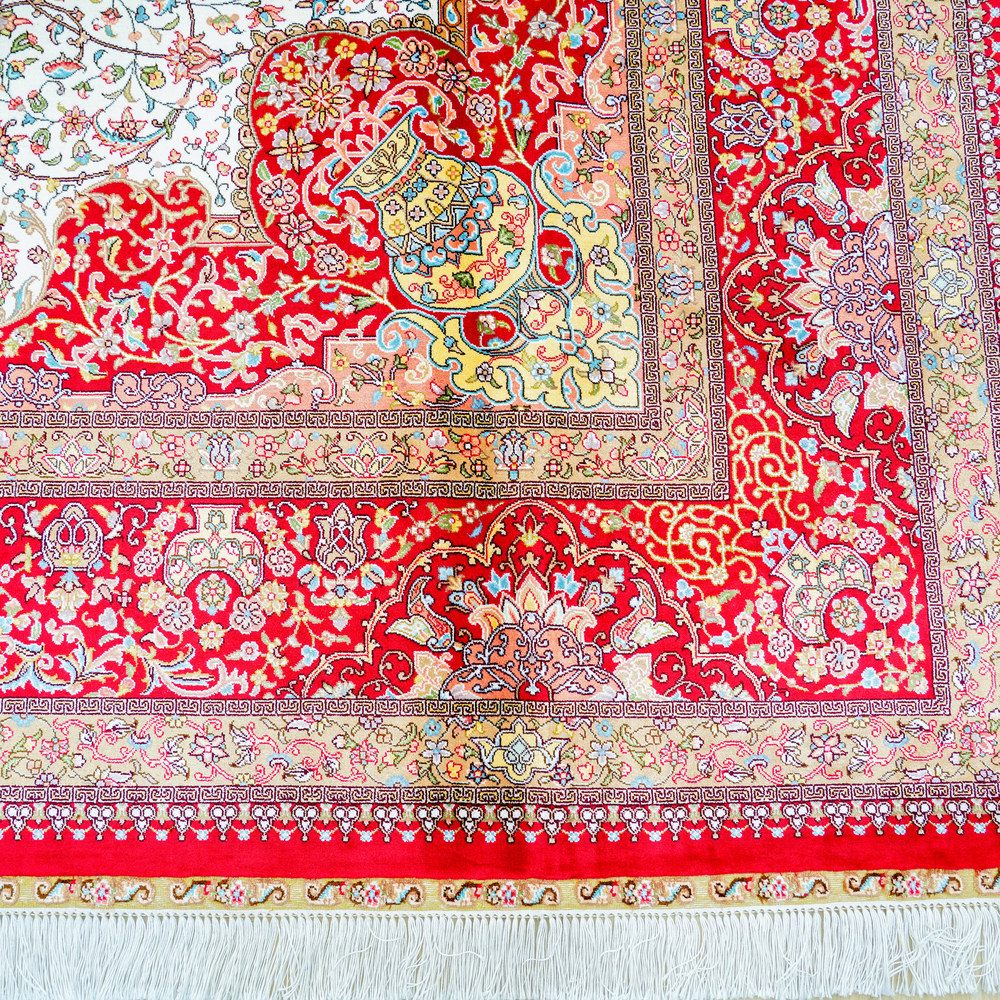 Red and Ivory Geometric Medallion Hand-Knotted Silk Rug 6x9ft - Image 7