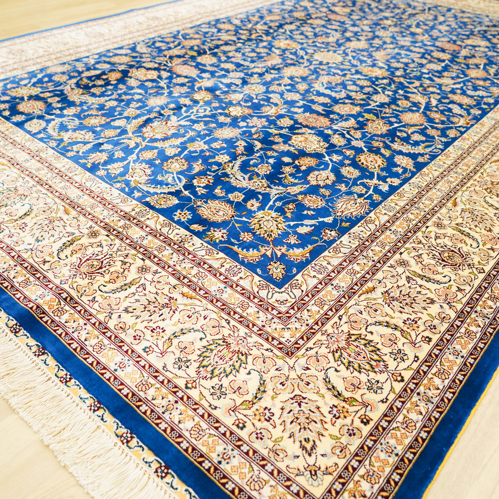 Royal Blue and Gold Floral Medallion Hand-Knotted Silk Rug 6x9ft - Image 8