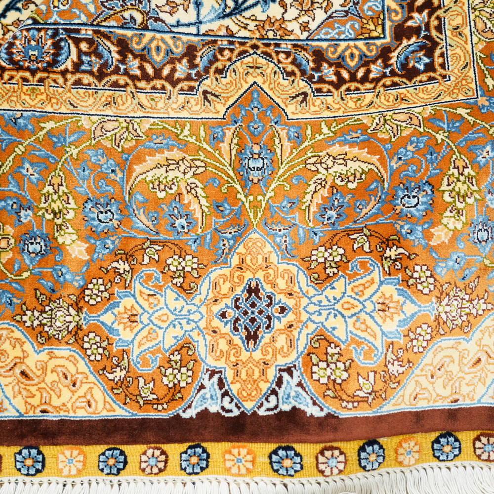 Gold and Blue Floral Medallion Hand-Knotted Silk Rug 6.56x9.84ft - Image 6