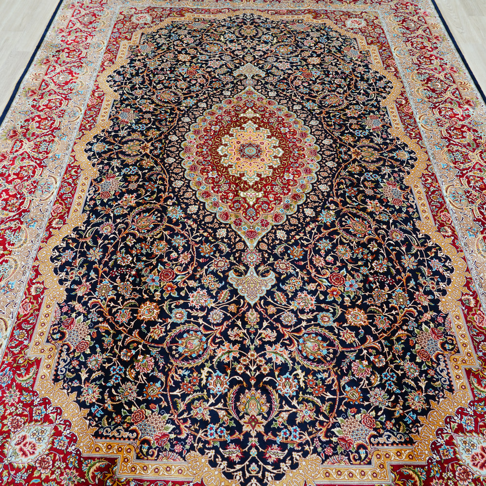Black and Red Floral Medallion Hand-Knotted Silk Rug 6.56x9.84ft - Image 6
