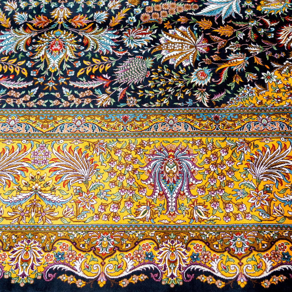 Navy and Gold Floral Medallion Hand-Knotted Silk Rug 8x10ft - Image 7