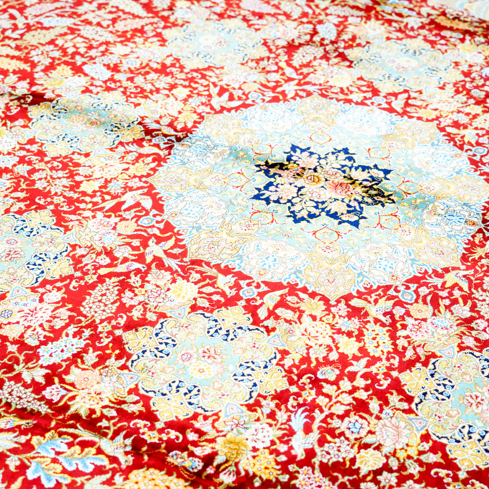 Red and Ivory Floral Medallion Hand-Knotted Silk Rug 8.2x11.48ft - Image 6