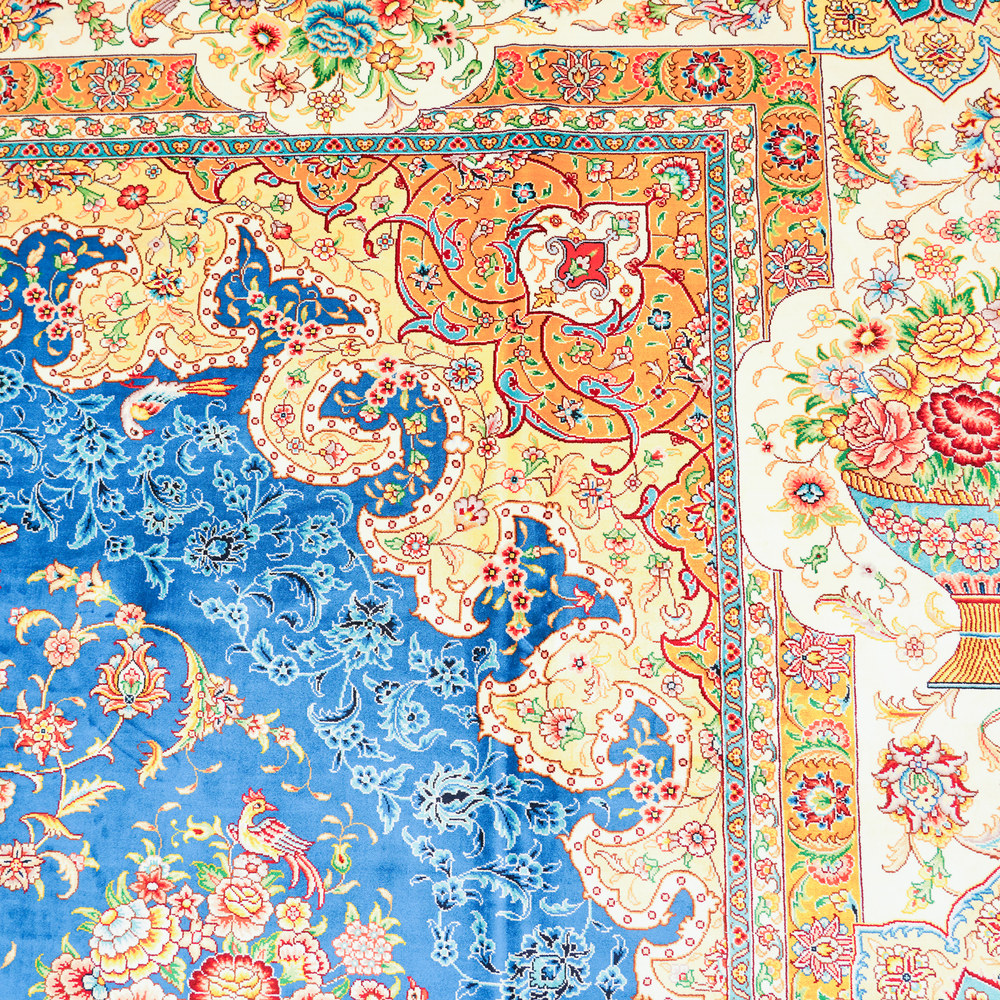 Blue and Orange Floral Medallion Hand-Knotted Silk Rug 8.2x11.48ft - Image 7