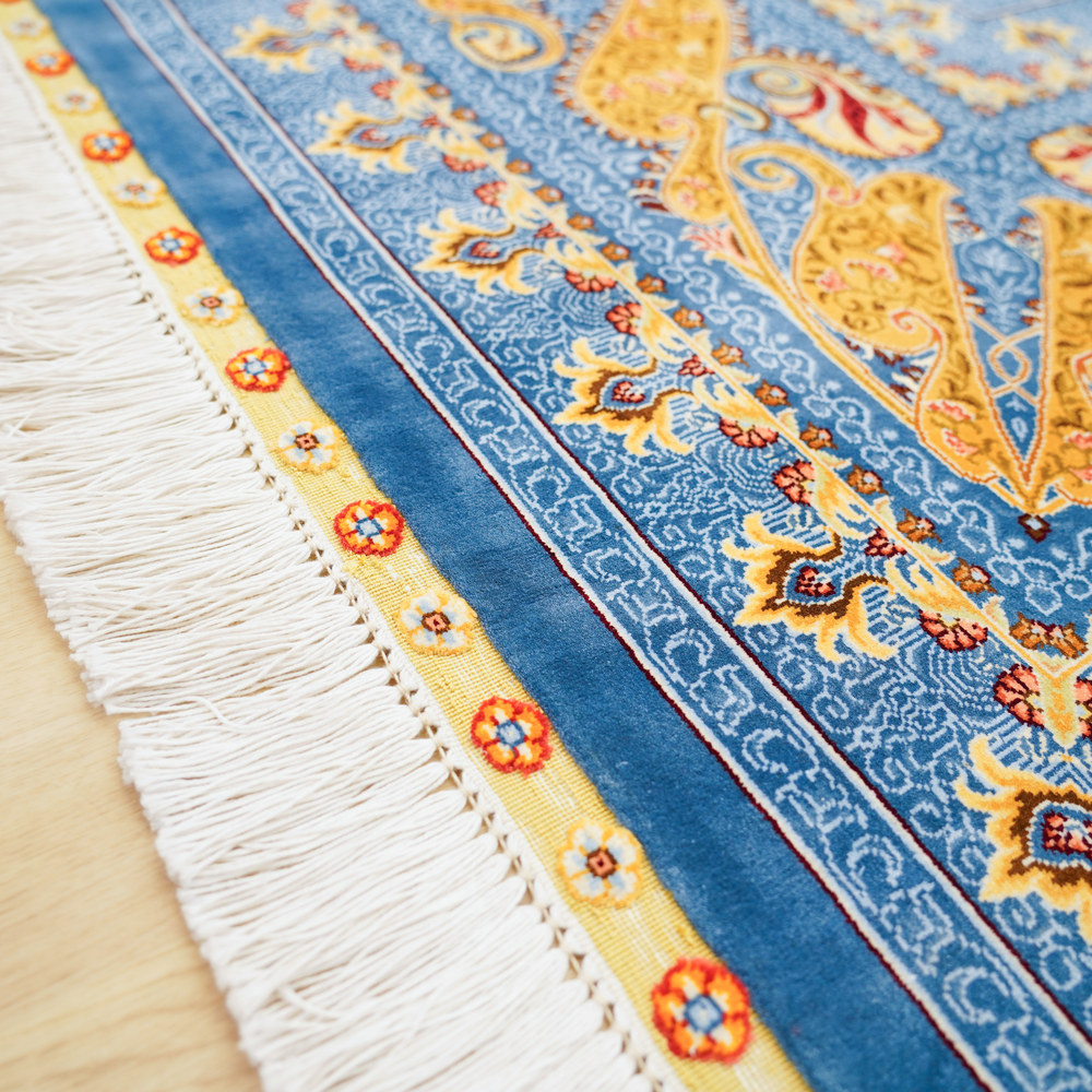 Blue and Gold Geometric Medallion Hand-Knotted Silk Rug 8.2x11.48ft - Image 8