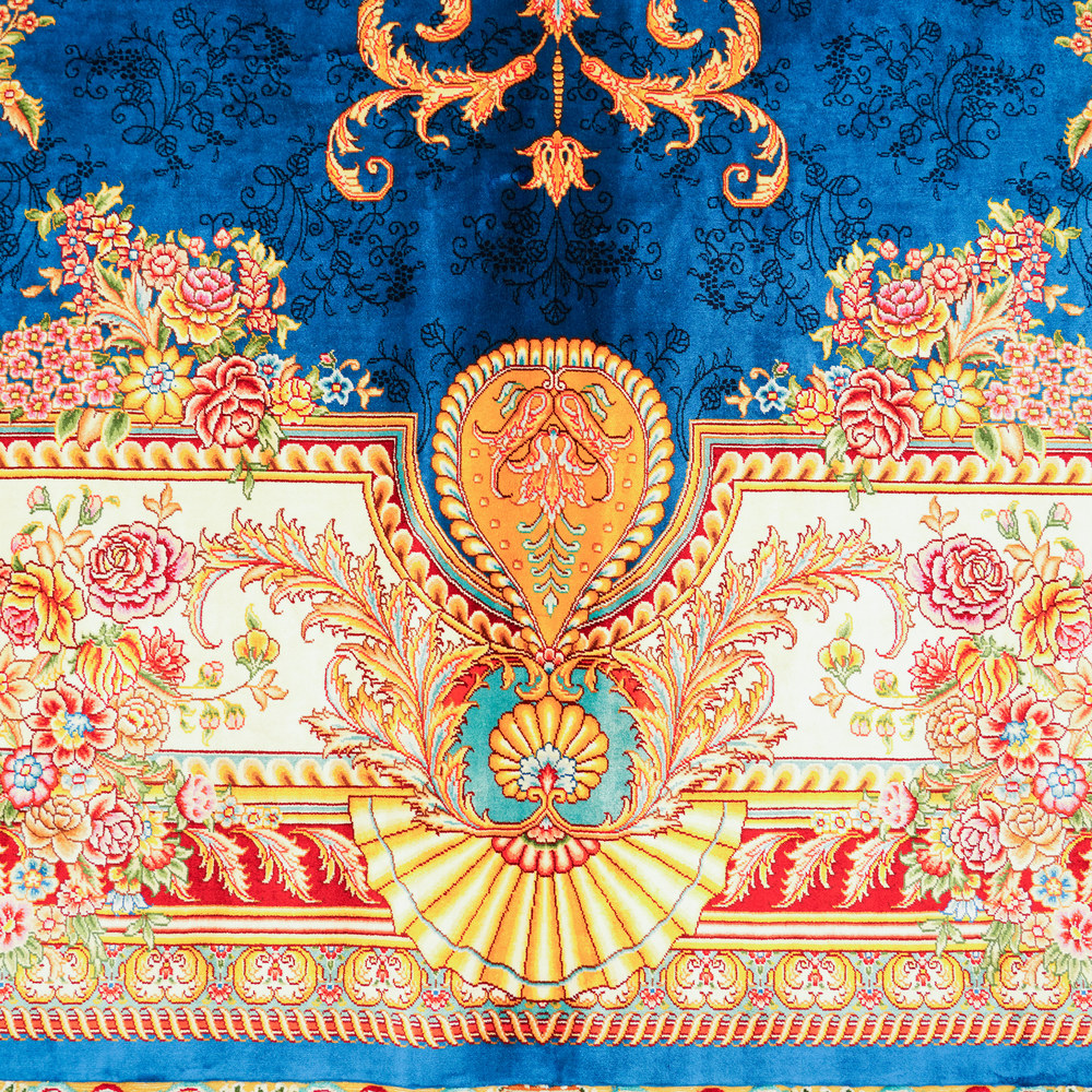 Blue and Gold Floral Medallion Hand-Knotted Silk Rug 9x12ft - Image 7