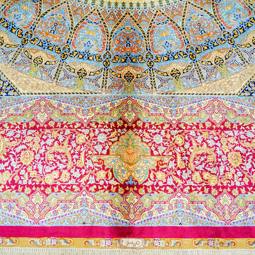 Red and Blue and Multicolor Floral Hand-Knotted Silk Rug 9x12ft - Image 8