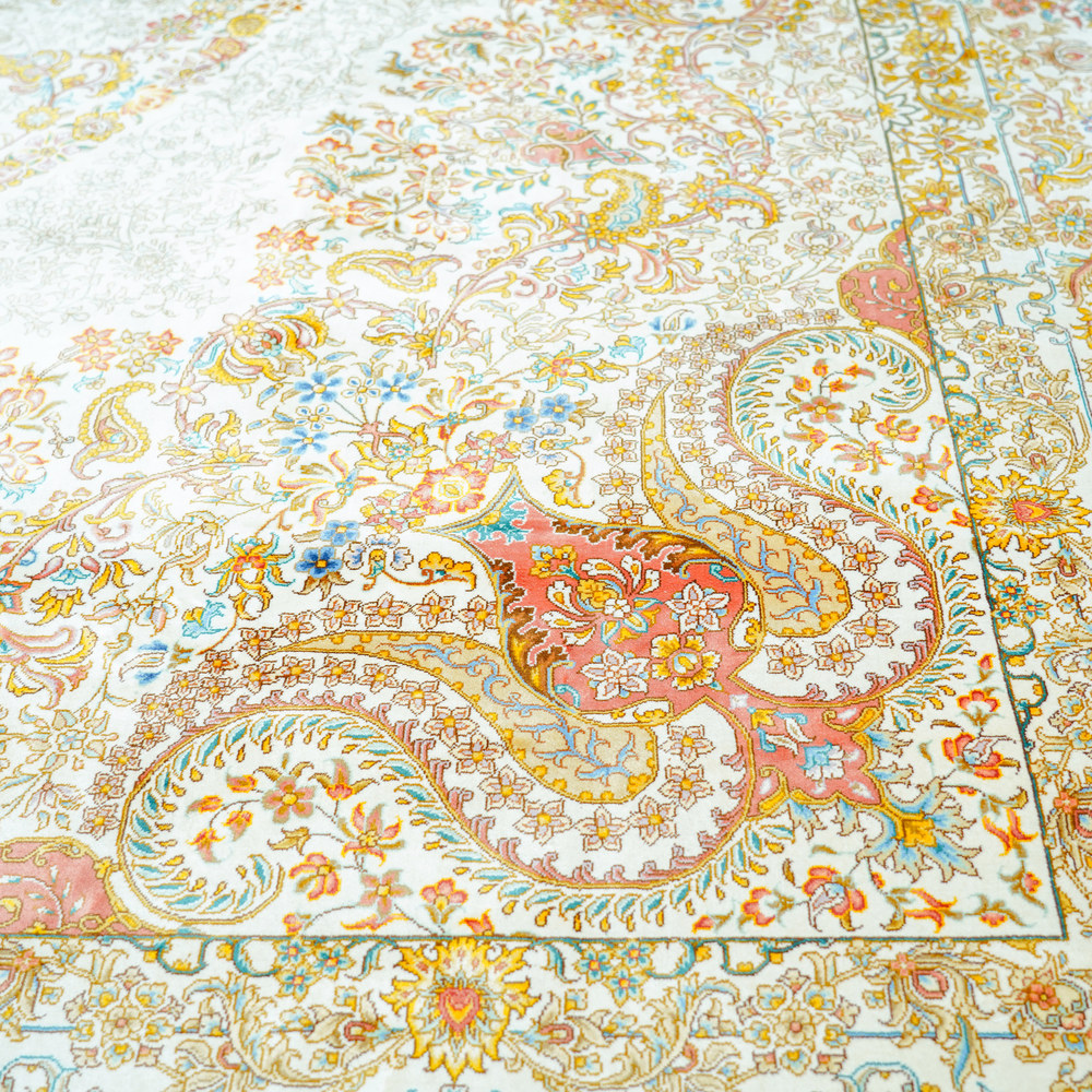 Ivory and Gold Floral Medallion Hand-Knotted Silk Rug 10x14ft - Image 6