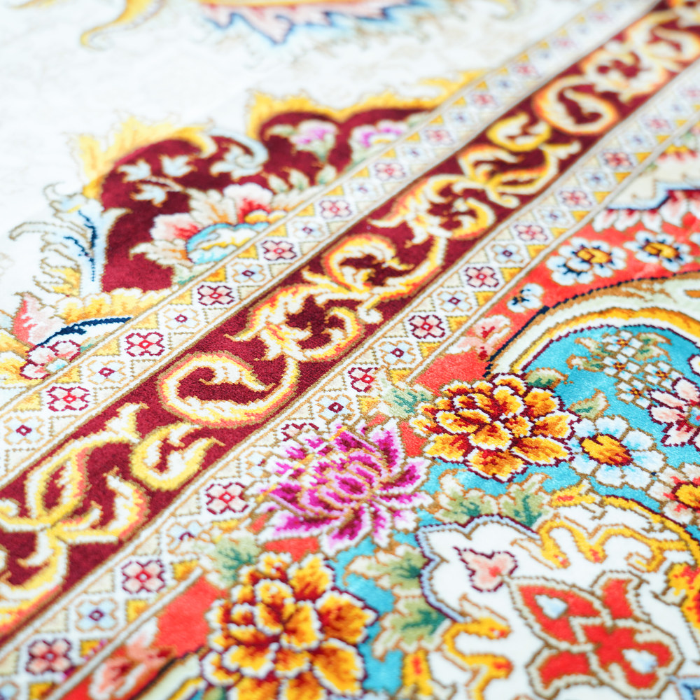 Turquoise and Red Floral Medallion Hand-Knotted Silk Rug 10x14ft - Image 7
