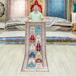 Multicolor Prayer Panel Hand-Knotted Silk Runner Rug 2.25 × 6.56 ft