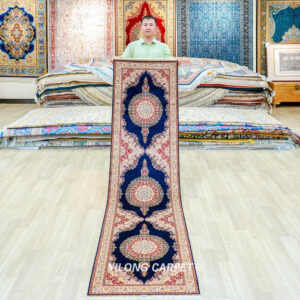 Navy Blue Triple Medallion Hand-Knotted Silk Runner Rug 2 × 8 ft