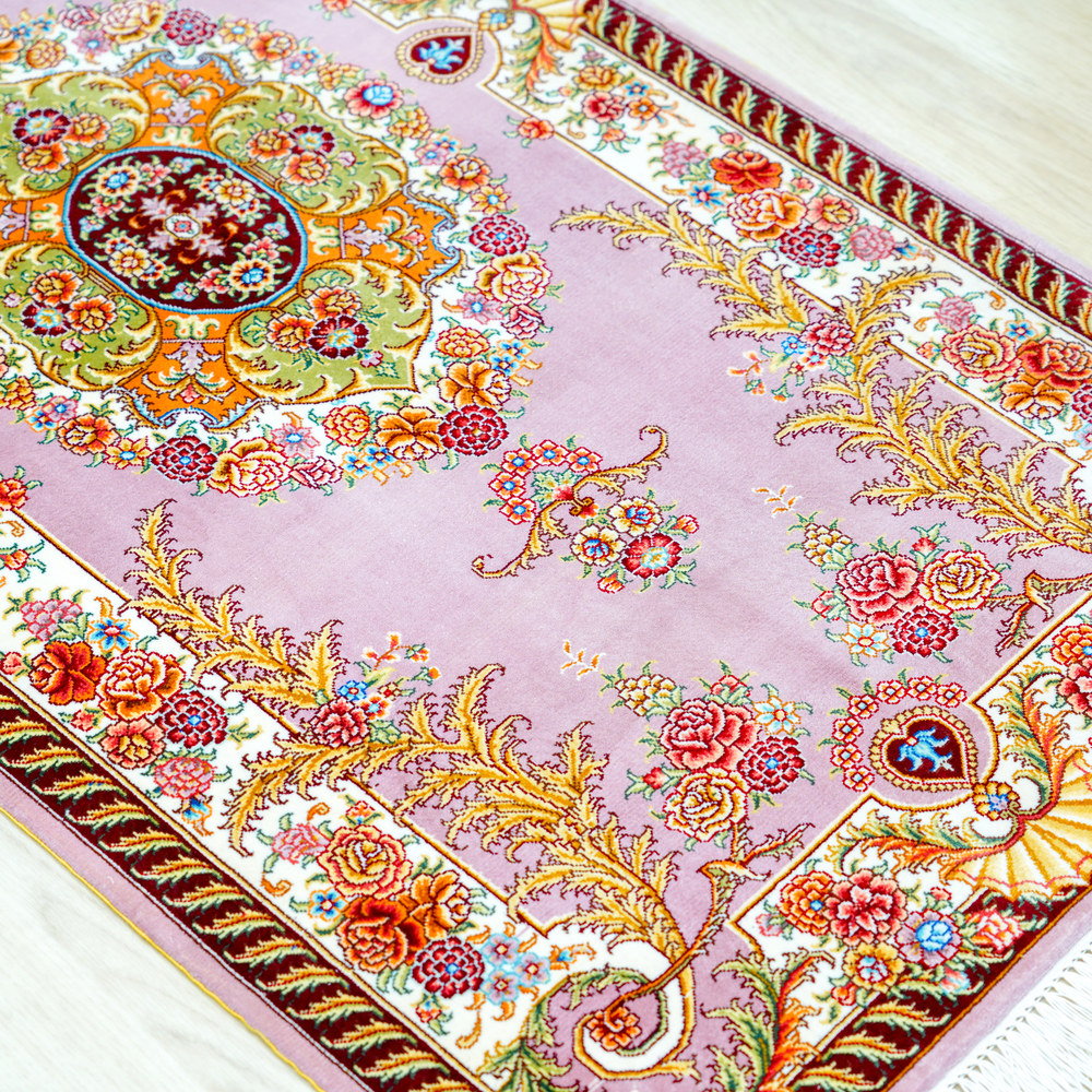 Pink and Ivory Floral Medallion Hand-Knotted Silk Rug 2x4ft - Image 6