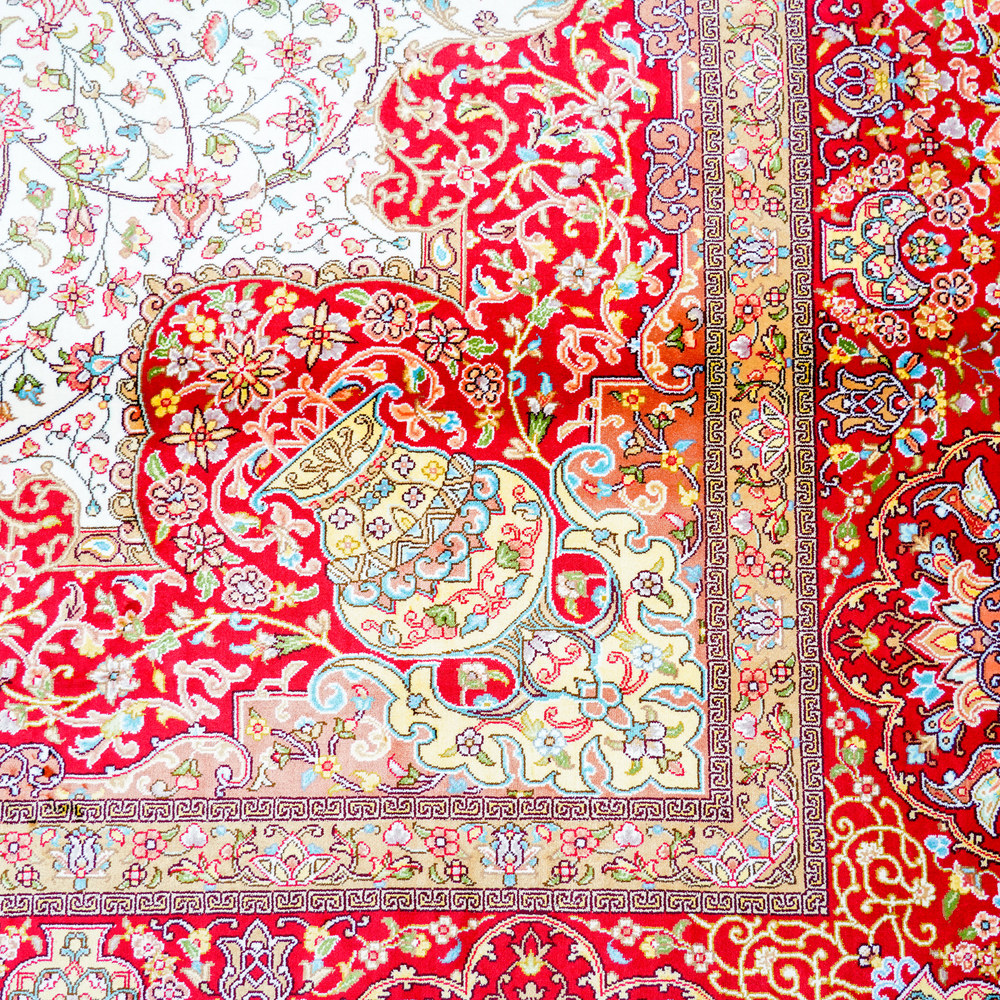 Red and Ivory Geometric Medallion Hand-Knotted Silk Rug 6x9ft - Image 6