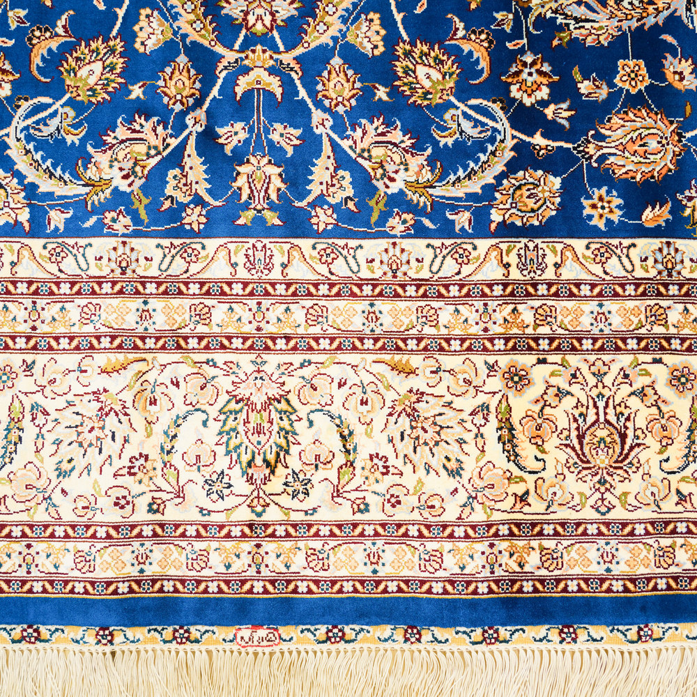 Royal Blue and Gold Floral Medallion Hand-Knotted Silk Rug 6x9ft - Image 5