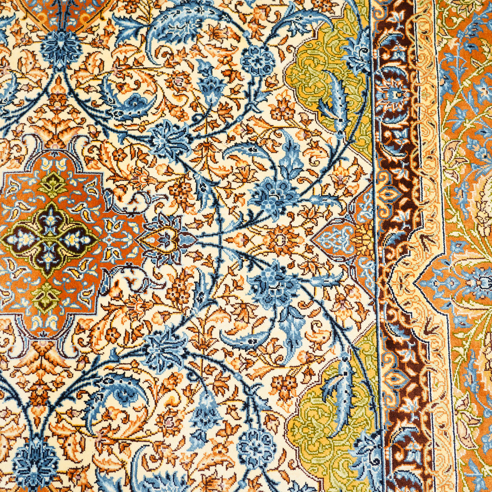 Gold and Blue Floral Medallion Hand-Knotted Silk Rug 6.56x9.84ft - Image 5