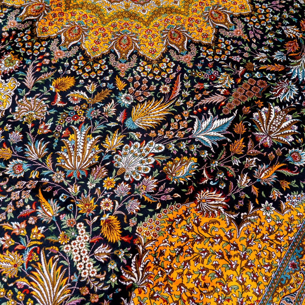 Navy and Gold Floral Medallion Hand-Knotted Silk Rug 8x10ft - Image 6