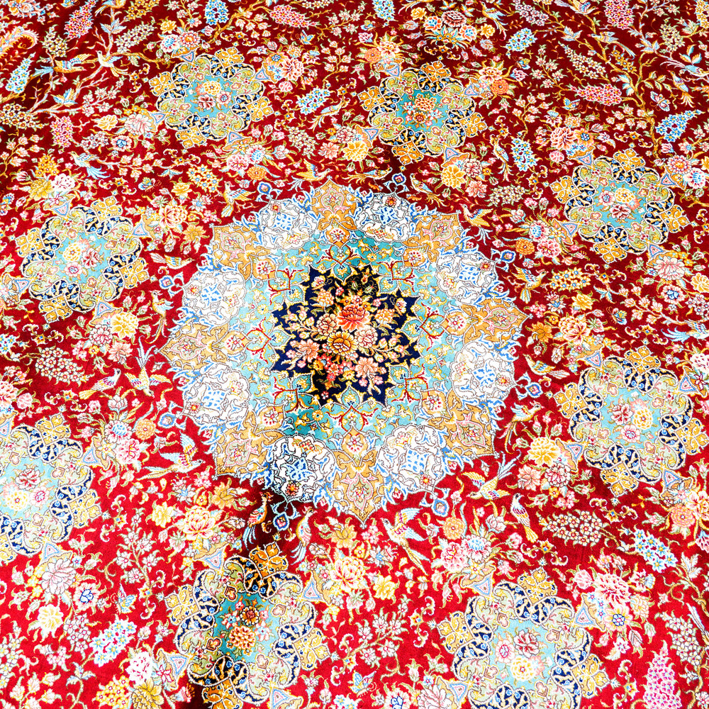 Red and Ivory Floral Medallion Hand-Knotted Silk Rug 8.2x11.48ft - Image 5
