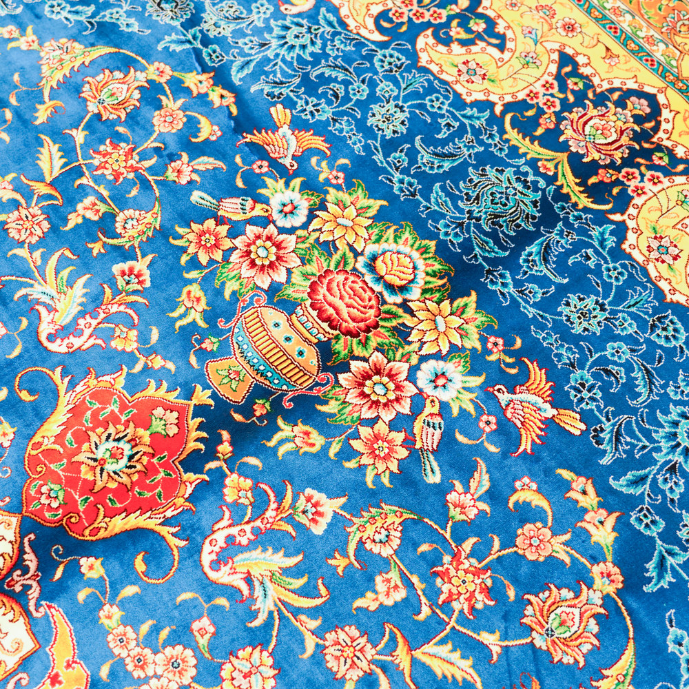 Blue and Orange Floral Medallion Hand-Knotted Silk Rug 8.2x11.48ft - Image 6
